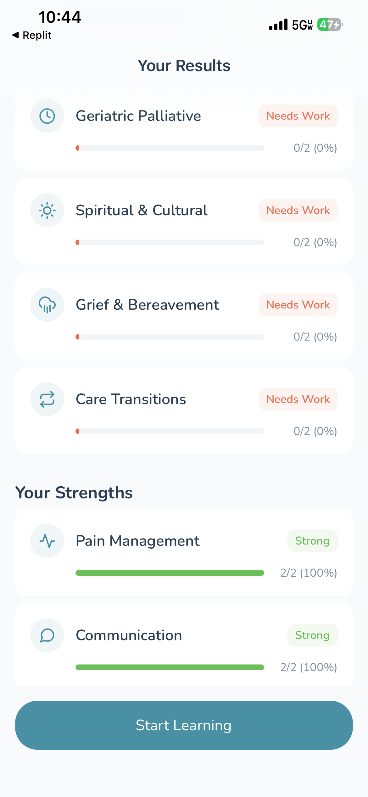 Assessment results screen