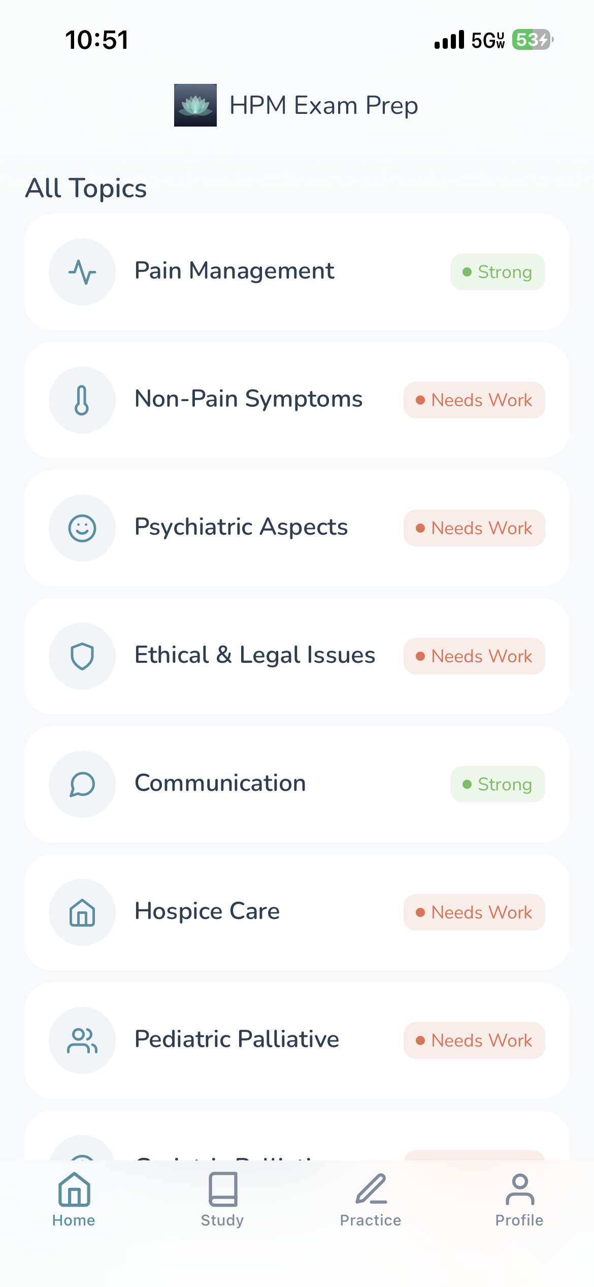 Topic list with progress indicators